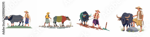 Foto Collection of four illustrations depicting Southeast Asian farmers in traditional conical hats and attire leading water buffaloes in various rural settings