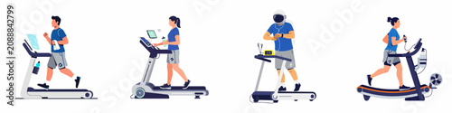 Fotografie Vector illustration set of diverse people exercising on different treadmill models, including modern, curved, and space-themed fitness equipment