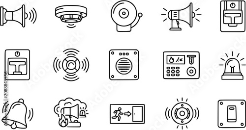 Schilderij op canvas Black and white line art icons of fire alarm system equipment, security, safety