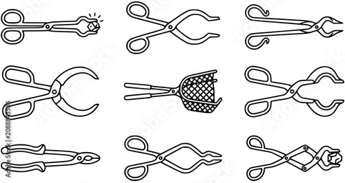 Obraz na płótnie Black and White Line Art Illustration of Various Tongs and Pliers Used in Scienc