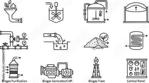 Konstfotografi Biogas Production Process Icons Set: Anaerobic Digester, Purification, Generator