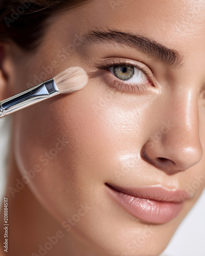 Woman applying makeup with a cosmetic brush in a close-up beauty portrait, representing skincare, cosmetics, and daily beauty routine