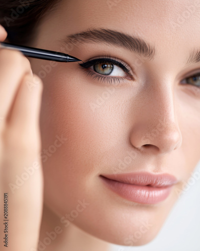 Close-up of a woman applying black liquid eyeliner along her upper lash line, showcasing precise eye makeup and everyday beauty routine with cosmetic products.