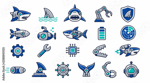 Photography Collection of futuristic shark and technology icons.