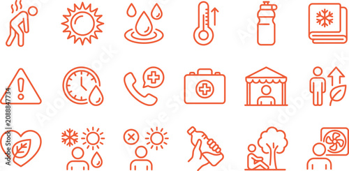 Fotografie Orange vector graphic set showing various flat line icons related to heat exhaus
