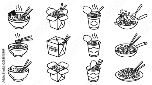 Asian noodle bowl and takeout box line icon set.