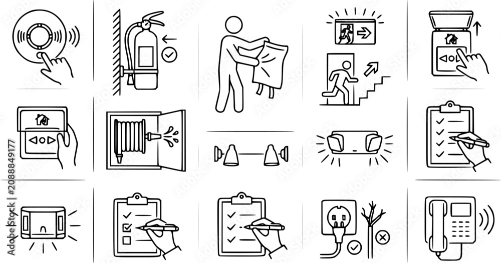 Fototapeta premium Safety and Emergency Fire Protection Black Line Art Icons Set. Hand-drawn Outline Symbols for First Aid, Evacuation, Hazard Prevention, and Workplace Safety