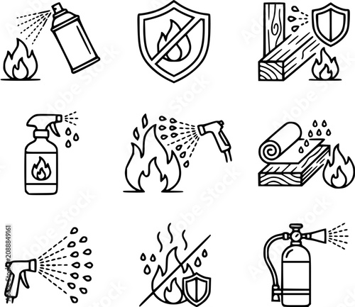 Foto Fire Safety and Protection Line Art Icons Set