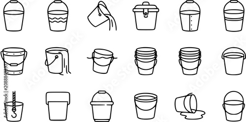 Bild auf Leinwand Black and White Line Art Collection of Various Buckets and Pails for Cleaning an