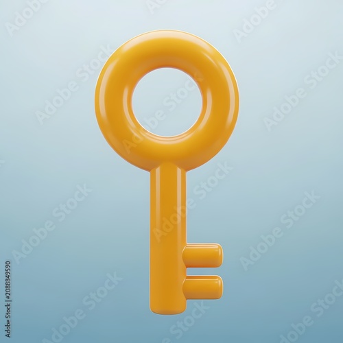 A shiny yellow heavy metal key floating above a soft blue surface representing access to information or securing private property for safety and privacy in a world of complex digital protection
