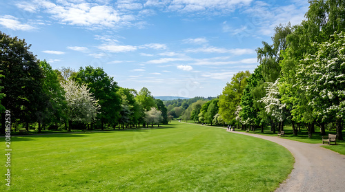 A serene pathway winds through a lush green field surrounded by trees and flowers under a blue sky with clouds.