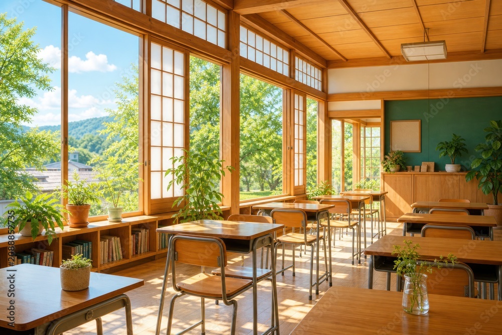 Fototapeta premium Empty Japanese school classroom with wooden desks, chairs, and shoji windows overlooking lush green nature. Bright, peaceful, minimalist interior design with warm sunlight, authentic academic.