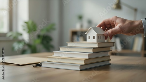 Hand holding small house model on top of stack of books on wooden table in office room with window and plant