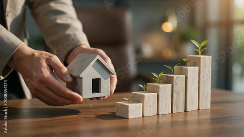 Man holding small house next to wooden blocks with green plants growing on top  symbolizing growth and property investment