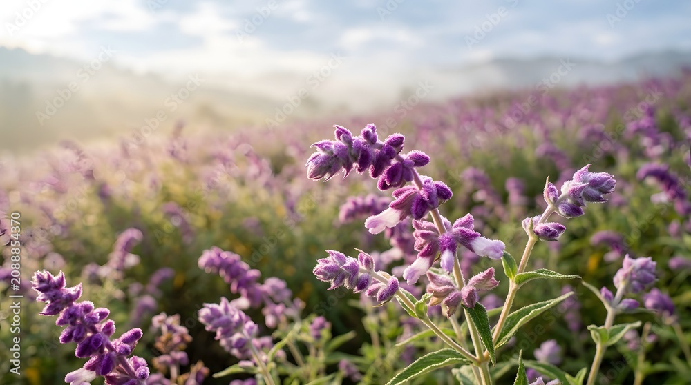 Obraz premium Purple lavender field in bloom at sunrise with soft golden glow and misty morning mountain landscape lavender wildflower landscape