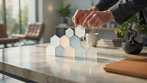 Businessman placing hexagon block on table in modern office with bonsai tree and books