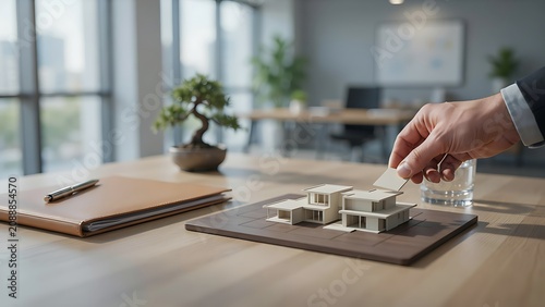 Hand placing small white model house on brown wooden board next to notebook and pen on office desk with blurred background