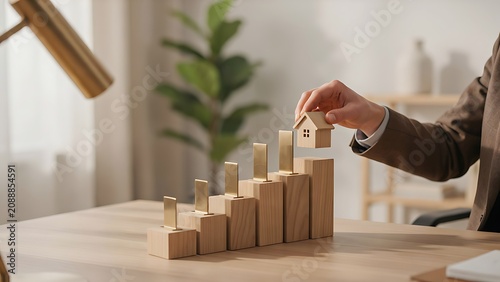 Man in brown suit placing small wooden house on top of stack of wooden blocks on desk in office