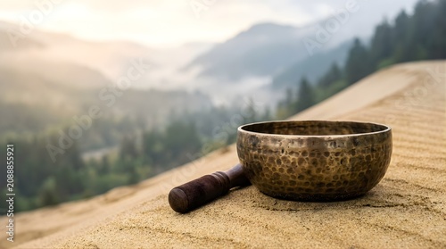 Tibetan singing bowl on sand dune at misty mountain landscape at sunrise