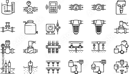 Photos Irrigation system icons: drip emitters, sensors, control panel, filters, tank, p