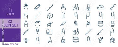 Nail care icon set 32 editable stroke illustrations