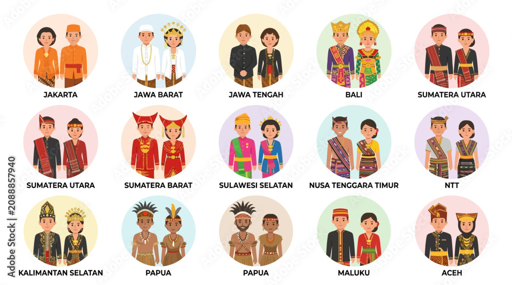 Fototapeta premium Indonesian Traditional Costumes from Diverse Regions Illustration