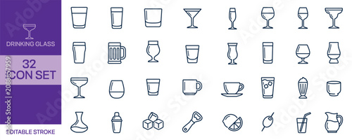 Drinking glass icon set 32 editable stroke illustrations