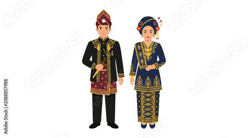 Vector illustration of Indonesian couple in traditional wedding attire.