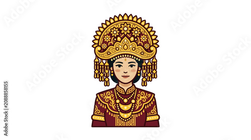 Tableau sur toile Illustration of a woman in traditional Indonesian attire and golden headdress