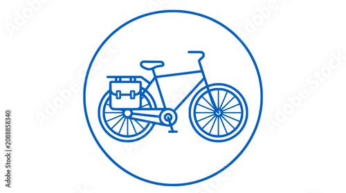 Photos Blue bicycle icon with pannier bags, circular frame, simple line art, vector ill