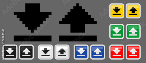 Pixel art download and upload button icon set with colorful glossy square frame, for digital website interface navigation template and commercial arcade game application decoration
