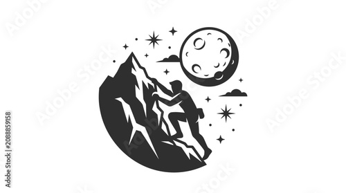 Circular illustration of climber ascending mountain under full moon.