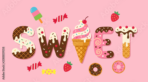 Quadro su tela Colorful sweet treats and desserts arranged on pink background with ice cream