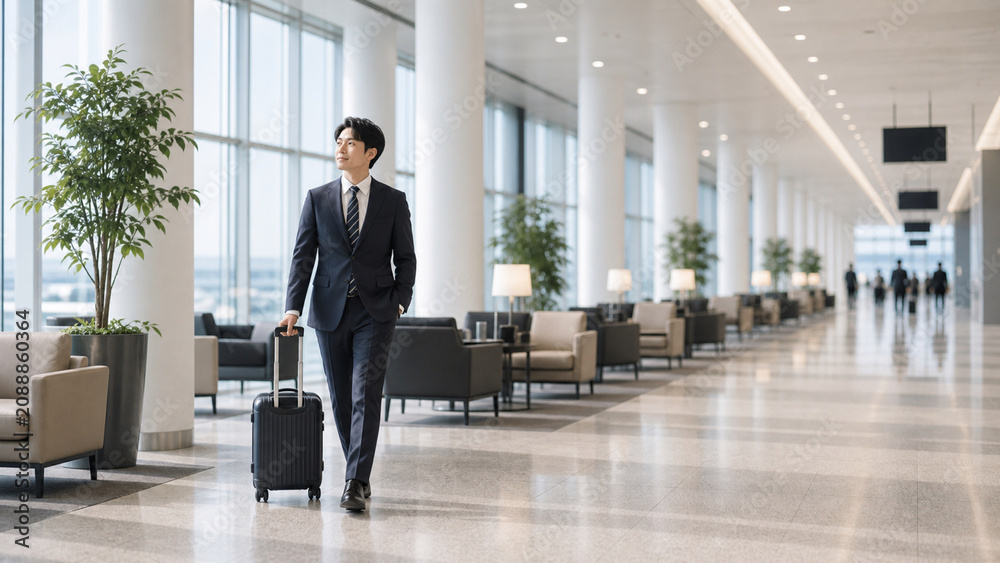 Fototapeta premium Japanese businessman framed by columns in bright airport lounge