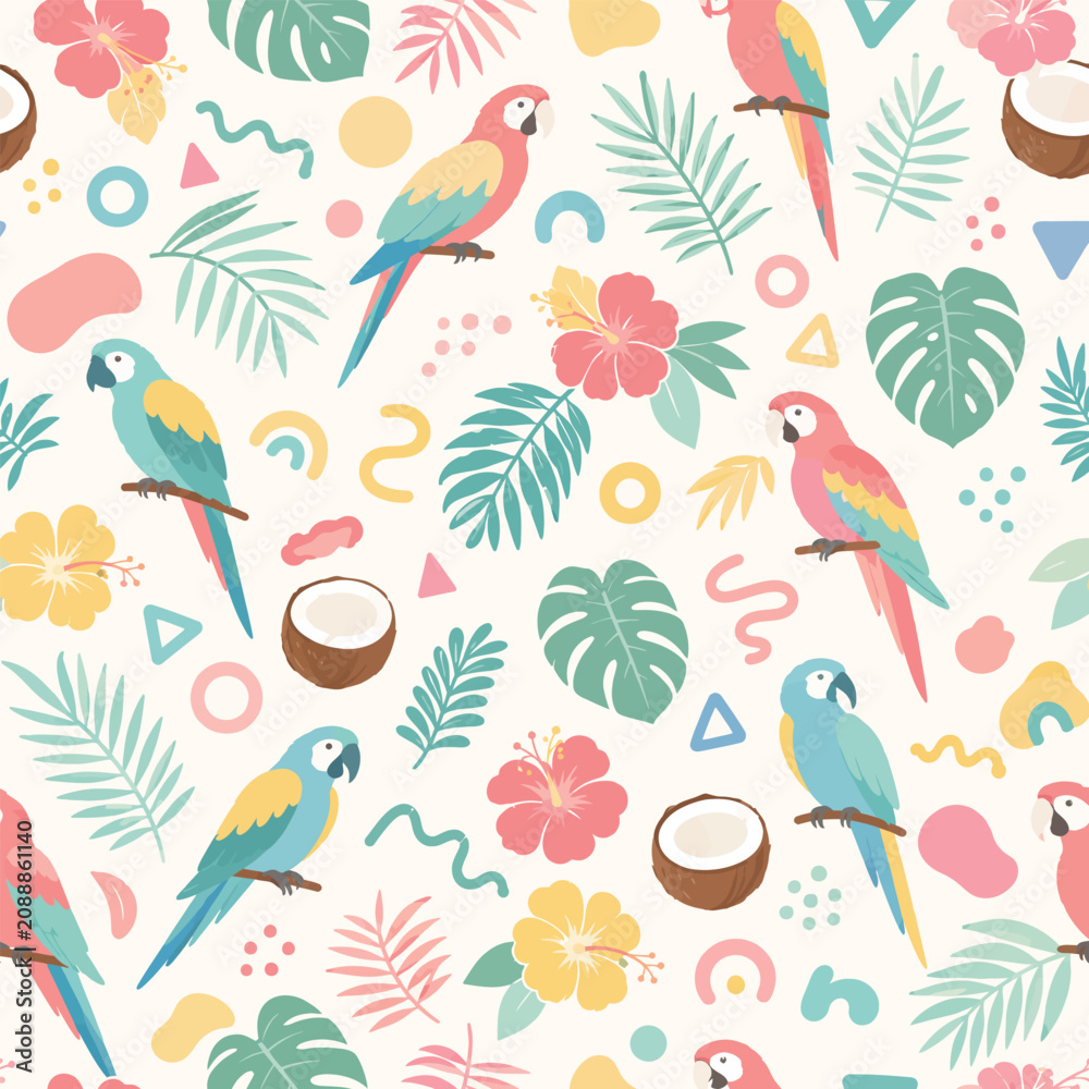 Obraz premium Colorful macaws perch amidst soft pastel hibiscus and monstera in this seamless botanical pattern