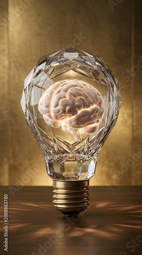 Brain Inside a Light Bulb Concept, Modern Art Installation, Indoor Setting, Minimalist Design