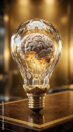 Brain Inside Light Bulb, Artistic Display, Modern Office, Digital Art, Elegant Environment, Close-Up View, Conceptual Innovation