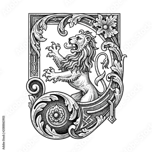 Ornate vintage lion crest with intricate floral and scrollwork design.
