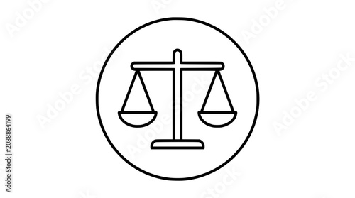 Justice scales icon in circle, symbol of law and balance