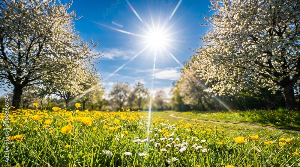 Obraz premium Blooming spring meadow with yellow wildflowers and blossoming trees under bright sunlight