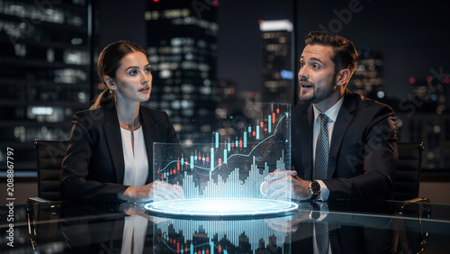 Business professionals analyzing holographic stock market chart with city skyline at night, concept for financial analysis, corporate strategy and data visualization