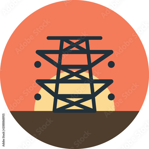 Tableau sur toile Black electrical transmission tower icon on a circular orange and dark ground ba