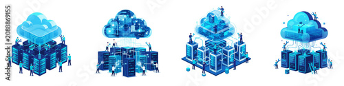 Isometric cloud server maintenance with engineers repairing data centers