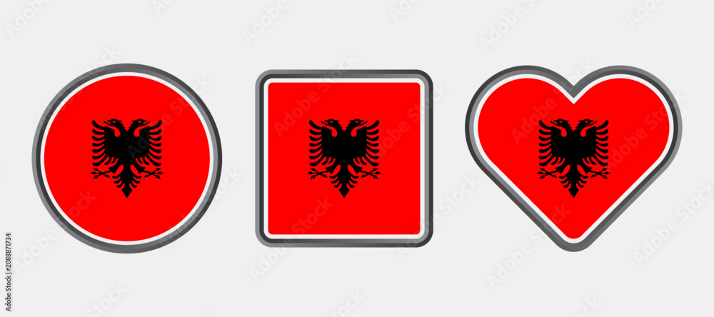 Fototapeta premium Set of Albania Flag Circle, Square and Love Vector Icon with Silver Shiny Border Frame. High Quality Vector Icon Illustration