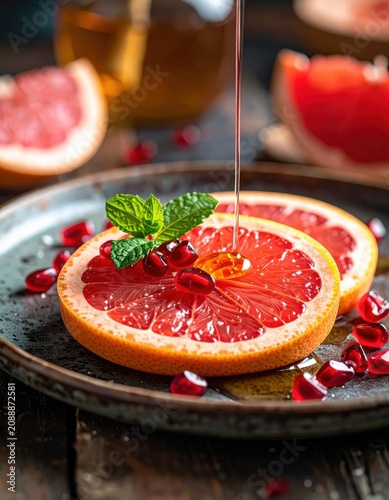 Fresh grapefruit slice topped with pomegranate seeds and mint, honey drizzle on rustic plate for culinary photography