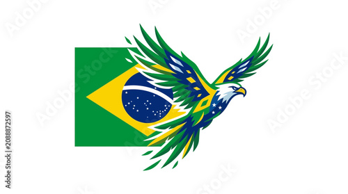 Obraz na płótnie Eagle with Brazilian flag wings soaring against a white background, symbolizing freedom and national pride