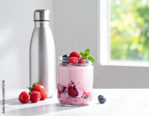 Healthy berry yogurt parfait in glass jar with metal water bottle, nutrition, breakfast, clean eating, freshness