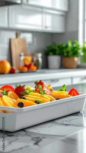 Fresh sliced tropical fruit salad with strawberries and mango in a white serving dish, healthy lifestyle, culinary preparation