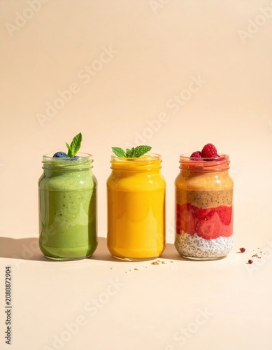Three colorful fruit and vegetable smoothies in glass jars for healthy breakfast, diet nutrition, plant based energy, clean eating lifestyle
