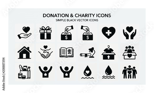 Donation charity icons, simple black vector icons, 20 icons, nonprofit symbols, fundraising graphics